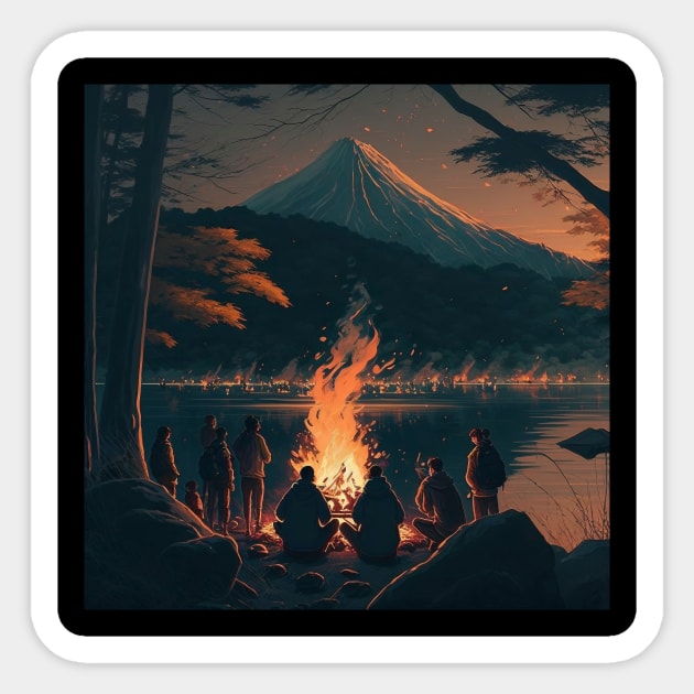 Bonfire Night at the Majestic Mount Fuji Sticker by LoudlyUnique